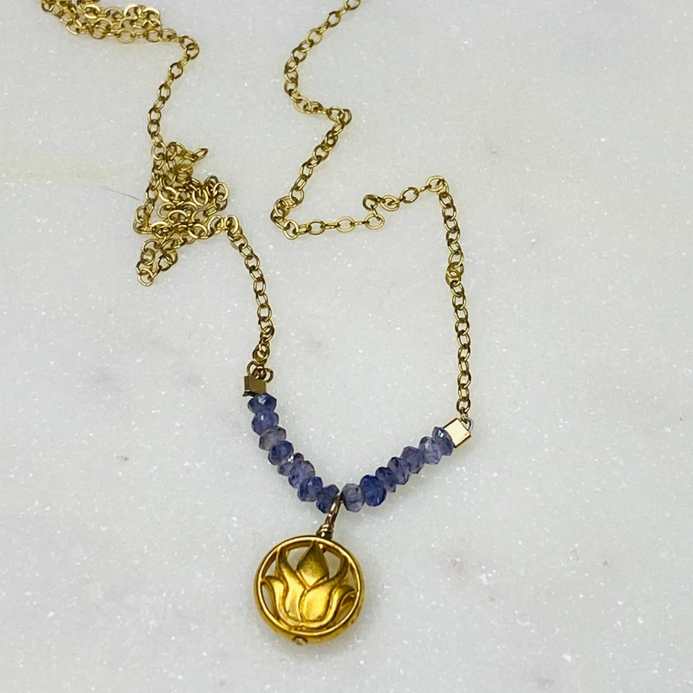 Iolite lotus necklace-14k gold filled+vermeil